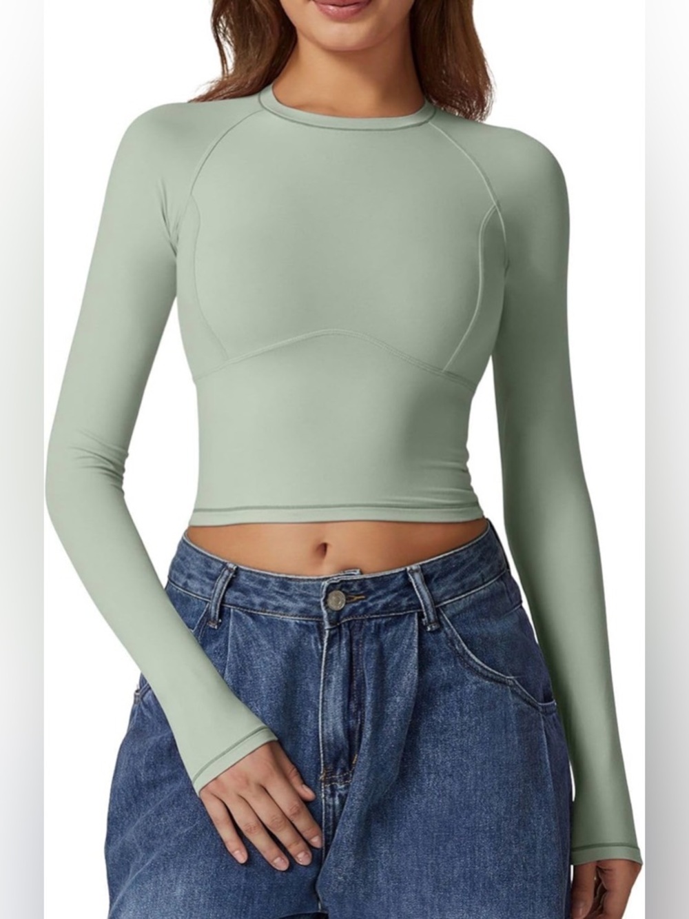 Long Sleeve Crop Top in Sage Green by Free People